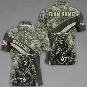 Personalized Death Skeleton Green Camo Billiard Shirts For Men Custom Military Billiard Jerseys TDM2062