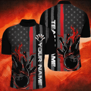 Red Line American Flag Custom Patriotic Flame Bowling Shirts For Men, Firefighter Bowling Shirt IPHW7592