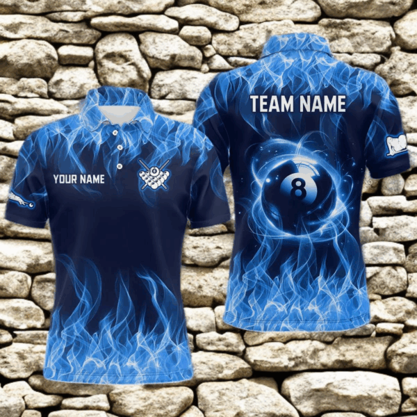 Blue Flaming 8 Ball Pool Shirts Men Billiard Polo & 1/4 Zip Shirts Billiard Team Jerseys NNT10