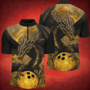 Black And Gold Custom Dragon Bowling Shirts For Men, Dragon Bowling League Shirts Outfits IPHW7308