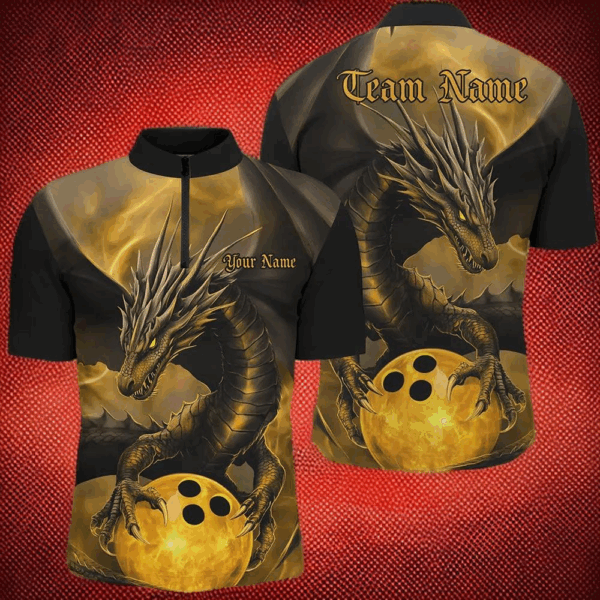 Black And Gold Custom Dragon Bowling Shirts For Men, Dragon Bowling League Shirts Outfits IPHW7308