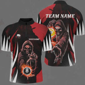 Funny Red Death Skeleton Billiard 8 Ball & 9 Ball Men Quarter-Zip Shirts, Billiard Jersey TDM1340