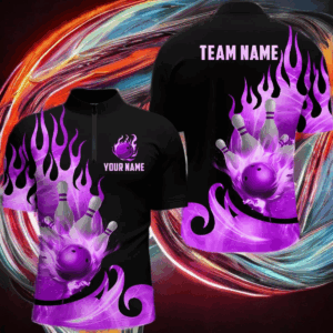 Custom Black & Purple Bowling Shirts For Men & Women Flame Bowling Team Jersey Quarter-Zip BDT536