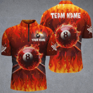 Personalized 3D 8 Ball Pool Fire Men Quarter-Zip Shirts Custom Billiard Apparel TDM1207
