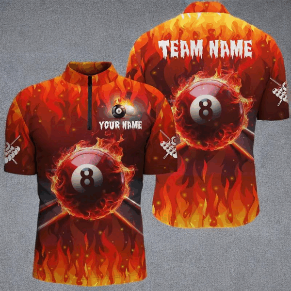 Personalized 3D 8 Ball Pool Fire Men Quarter-Zip Shirts Custom Billiard Apparel TDM1207