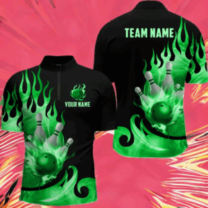 Custom Black & Green Bowling Shirts For Men & Women Flame Bowling Team Jersey Quarter-Zip BDT536