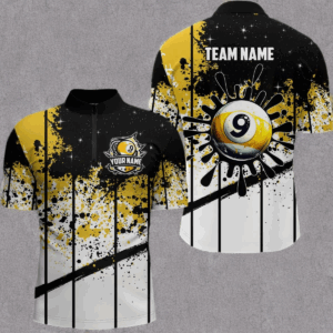 Custom Billiard 9 Ball Grunge Men Quarter-Zip Shirts, 9 Ball Pool Billiard Attire Jerseys TDM1136