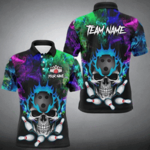 Colorful smoke Skull bowling Polo, Quarter Zip shirt for men Custom Team bowling League jerseys NQS8015