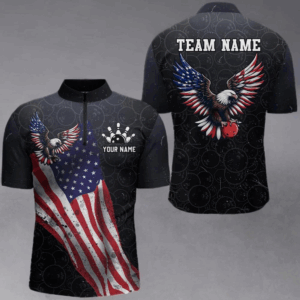 Personalized US Flag Bowling Shirt Eagle Bowling Jersey Quarter-Zip Shirt Bowling for Men QZT274