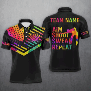 Billiard Aim Shoot Swear Repeat Custom 3D Black Multicolor Men Polo Shirts, Billiard Shirts Funny TDM0626