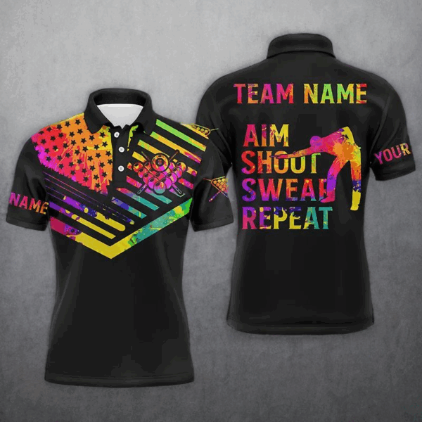 Billiard Aim Shoot Swear Repeat Custom 3D Black Multicolor Men Polo Shirts, Billiard Shirts Funny TDM0626