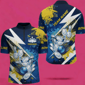 Yellow and blue grunge lightning Bowling Polo, Quarter Zip shirt For Men Custom Team Bowling Jersey NQS7700