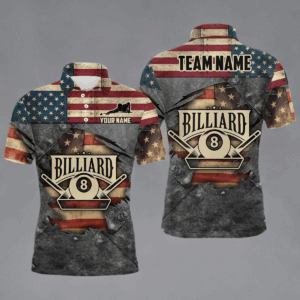 Billiards Vintage US Flag Custom Billiard 3D Polo Shirts For Men, Custom 8 Ball Pool Team Shirts VHM0448