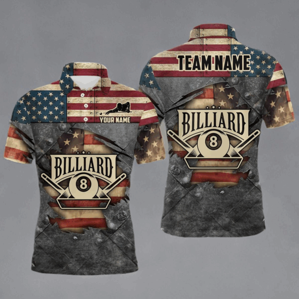 Billiards Vintage US Flag Custom Billiard 3D Polo Shirts For Men, Custom 8 Ball Pool Team Shirts VHM0448
