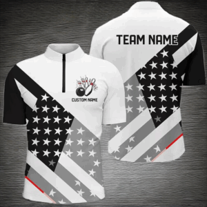 Custom Black And White American Flag Skull Bowling Shirts, Unisex Patriotic Team Bowling Jerseys IPHW6194