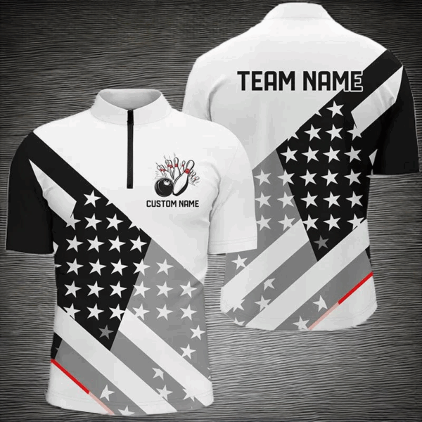 Custom Black And White American Flag Skull Bowling Shirts, Unisex Patriotic Team Bowling Jerseys IPHW6194