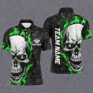 Personalized Skull Flame Billiard Polo Shirts For Men Custom Team'S Name Billiard Jerseys | Green TDM0245