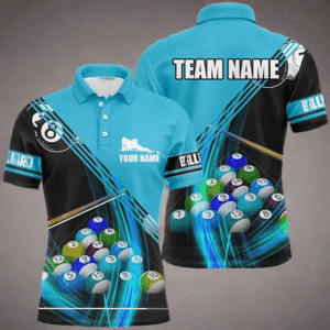 Personalized Billiard Balls Blue 3D Polo Shirts For Men, Custom Player Billiards Pool Jerseys VHM0157