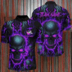 Custom Bowling Quarter Zip Shirts Men Purple Flame Skull Team Bowling Jerseys Halloween Outfits IPHW5380