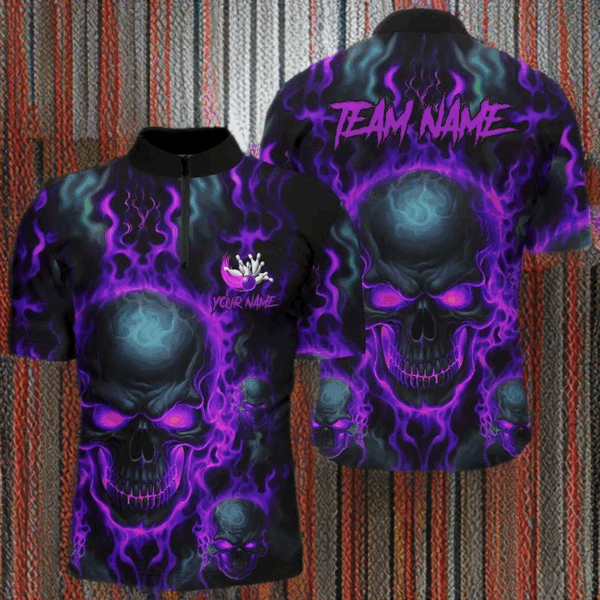 Custom Bowling Quarter Zip Shirts Men Purple Flame Skull Team Bowling Jerseys Halloween Outfits IPHW5380