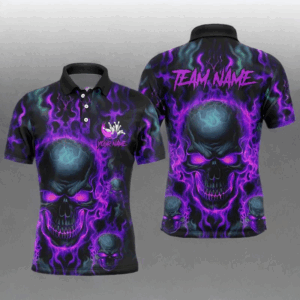 Custom Bowling Polo Shirts Men Purple Flame Skull Team Bowling Jerseys Halloween Bowler Outfits IPHW5380