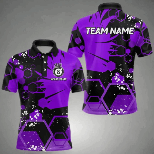 Personalized Black Purple 8 Ball Crown Hexagon Billiard Shirts For Men, Pool Billiard Team Jerseys TDM3590