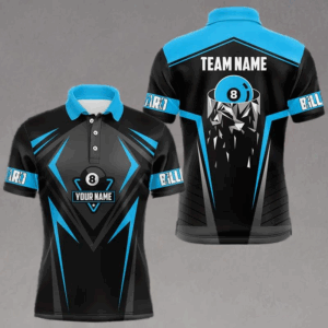 Black And Blue 8 Ball Pool Billiard Jerseys For Men Custom Polo & Quarter Zip Billiard Team Shirts TDM3388