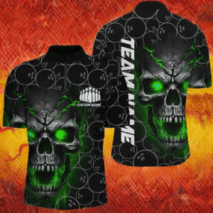 Custom Green Skull Bowling Polo Shirts For Men, Bowling Pattern Bowling Team Jerseys IPHW5236