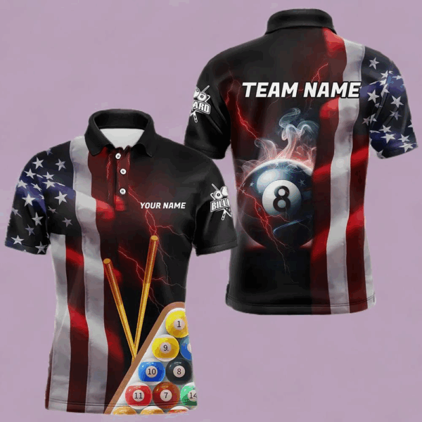 Personalized American Flag 8 Ball Pool Smoke Men Billiard Shirt Patriotic Lightning Billiard Jersey TDM3382