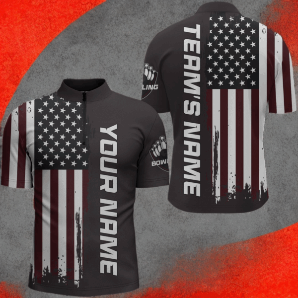 Patriotic Bowling Quarter-Zip Shirt Men American Flag Bowling Team Jersey Custom Bowling Shirts BDT263