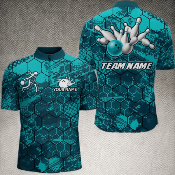 Turquoise Bowling Quarter-Zip Shirt Custom Bowling Jersey For Men Bowling Shirts For Team BDT255