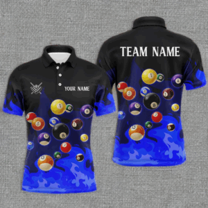 Blue 3D Billiard Balls Fire Flame Custom Billiard Shirts For Men, Billiard League Pool Team Jersey TDM3331
