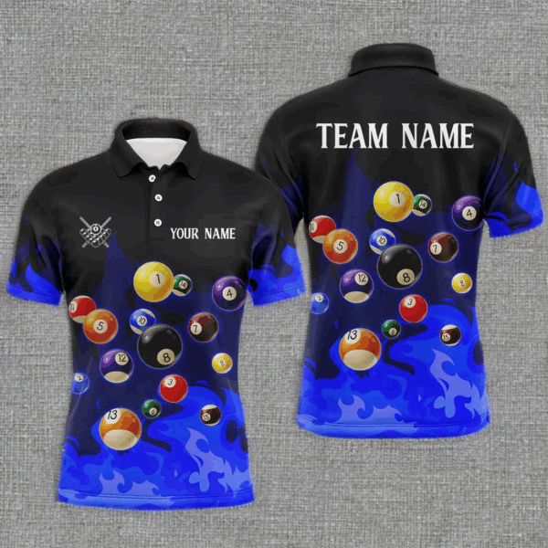 Blue 3D Billiard Balls Fire Flame Custom Billiard Shirts For Men, Billiard League Pool Team Jersey TDM3331
