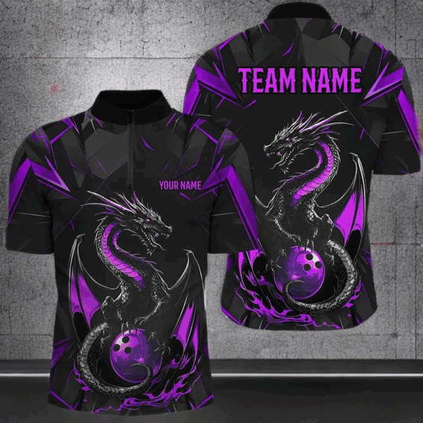 Custom Black And Purple Dragon Bowling Shirts For Men, Dragon Bowling Team Shirts Uniform IPHW7314