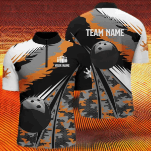 Men's bowling Quarter Zip shirts Custom black ball orange camo Bowling Team Jersey, gift for Bowlers NQS5423