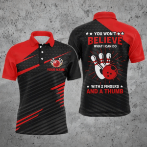 Funny Polo Bowling Shirt for Men, Red & Black Custom Bowling Jersey, 2 Fingers and A Thumb NBP145