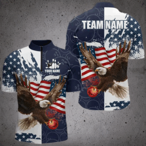 Red, White and Blue American Flag Eagle Bowling Shirts For Men Custom Patriotic Bowling Team Jersey NQS9120
