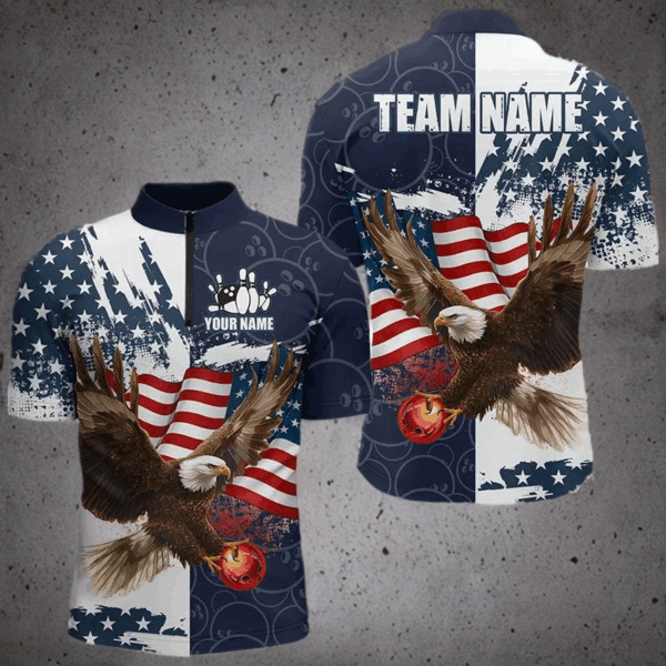 Red, White and Blue American Flag Eagle Bowling Shirts For Men Custom Patriotic Bowling Team Jersey NQS9120