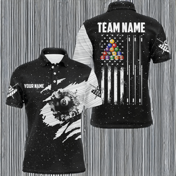 Customized Black White Grunge American Flag 8 Ball Pool Men Billiard Shirts, Patriotic Pool Jerseys TDM2985