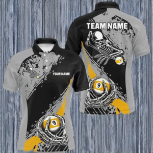 9 Ball Skeleton Custom Billiard Polo & 1/4 Zip Shirts For Men, Funny 9 Ball Pool Billiard Jerseys TDM2944