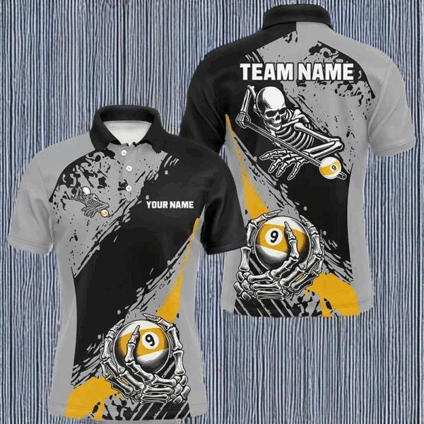 9 Ball Skeleton Custom Billiard Polo & 1/4 Zip Shirts For Men, Funny 9 Ball Pool Billiard Jerseys TDM2944