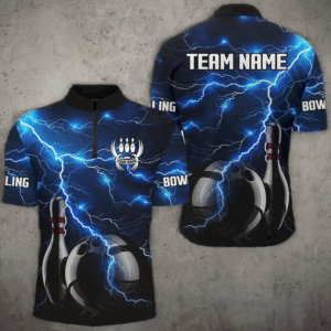 Blue Lightning Thunder Black Bowling Polo, Quarter zip Shirt for men custom storm bowling team jerseys NQS8386