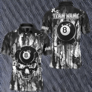 Personalized Black White 8 Ball Pool Melting Men Billiard Shirts, Grunge Skull Billiard Jerseys TDM2866