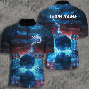 Blue Lightning Patriotic American Flag Custom Bowling Team Shirts For Men And Women IPHW6675