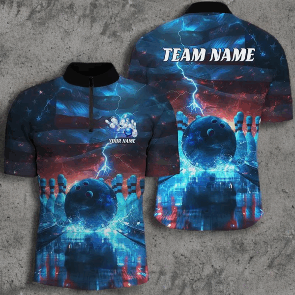 Blue Lightning Patriotic American Flag Custom Bowling Team Shirts For Men And Women IPHW6675