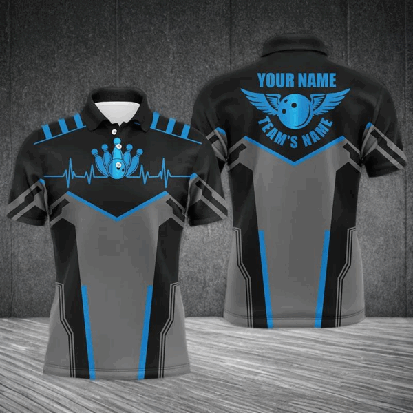 Bowling shirts for men custom name and team name blue Bowling Ball and Pins, team bowling shirts NQS4434