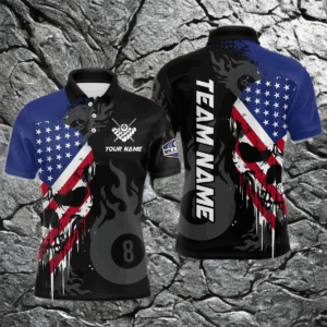 Grunge American Flag Skull 8 Ball Pool Custom Men Billiard Shirts, Patriotic Billiard Team Jerseys TDM3249