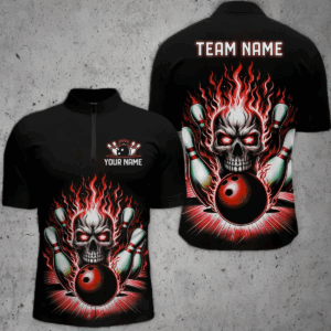 Personalized Unisex Skull Bowling Shirt Custom Team'S Name Flame Bowler Jerseys | Red IPHW6011