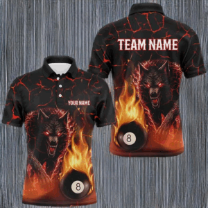 Custom 3D Wolf 8 Ball Fire Flame Billiard Polo, 1/4 Zip Shirts For Men Team League Billiard Jerseys TDM2450