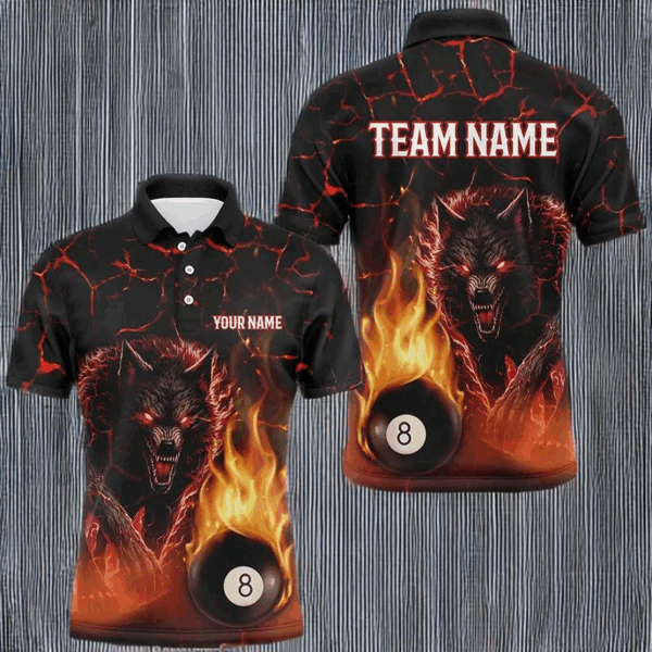 Custom 3D Wolf 8 Ball Fire Flame Billiard Polo, 1/4 Zip Shirts For Men Team League Billiard Jerseys TDM2450